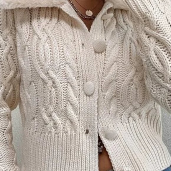 BEIGE TEDDY COLLAR BUTTON DOWN CABLE KNIT CARDIGAN - Picture 4 of 5